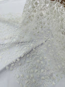 Shimmer Glitter Flower Fabric - White - Small Glitter Flower Design on Lace Sold By Yard