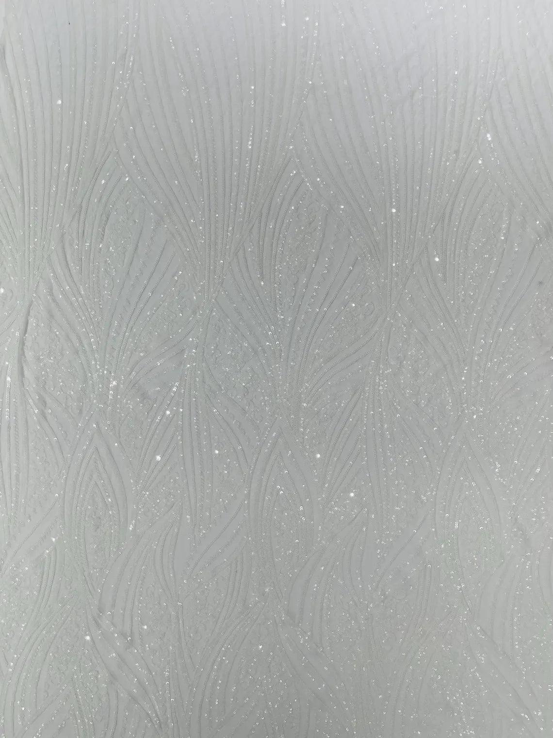 Curvy Line Design Fabric - White - 4 Way Stretch Sequins Design Mesh Lace Fabric by Yard