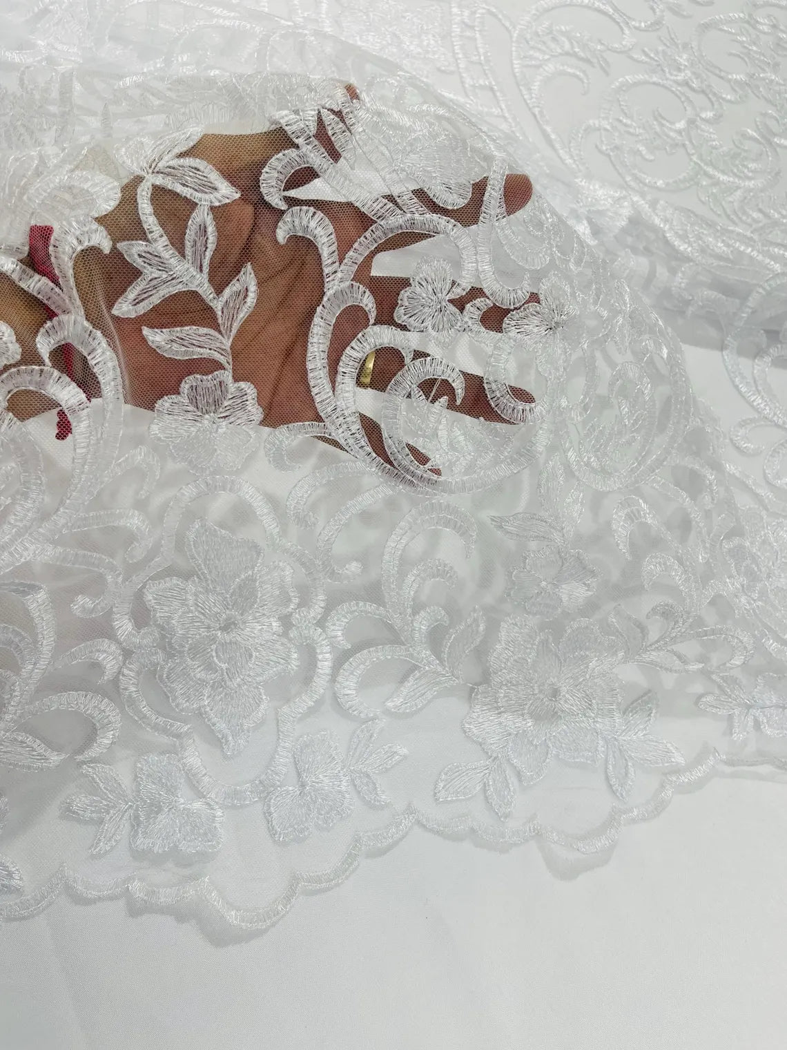 Fancy Damask Lace Fabric - White - Embroidered Damask Design Mesh on Lace Fabric by Yard