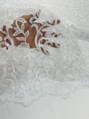 Fancy Damask Lace Fabric - White - Embroidered Damask Design Mesh on Lace Fabric by Yard