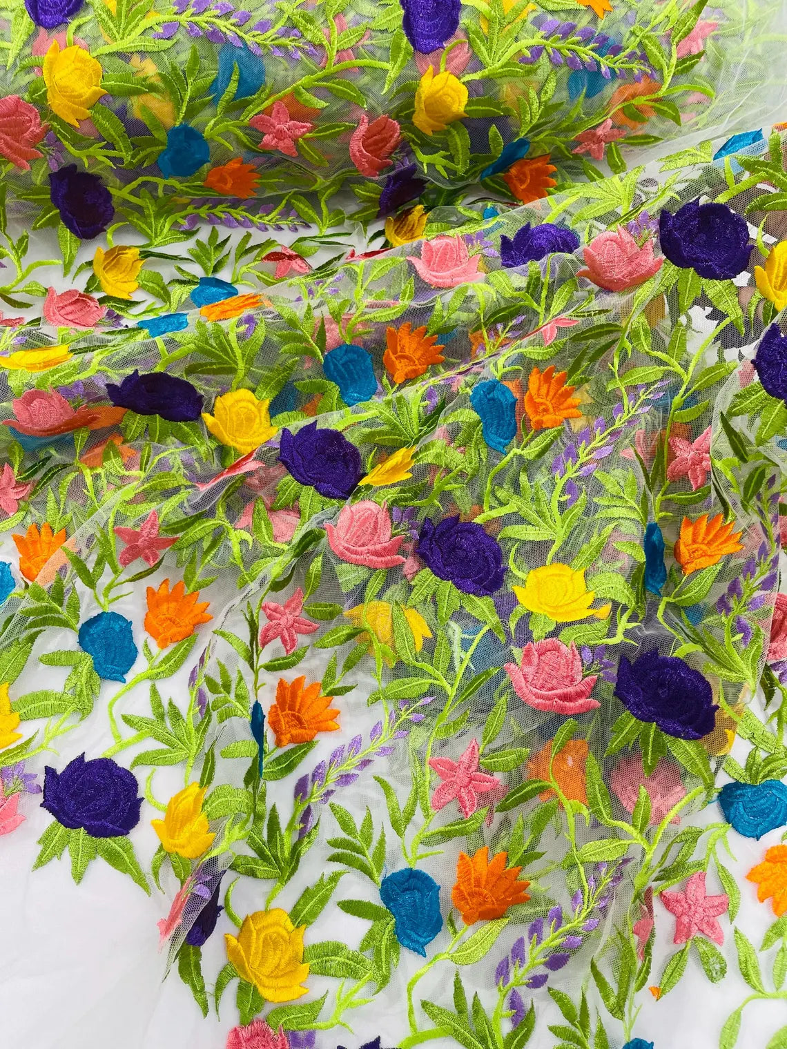 Multi-Color Mexican Sarape Fabric - White Mesh Flower Design Embroidered Lace Fabric By Yard