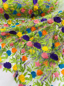 Multi-Color Mexican Sarape Fabric - White Mesh Flower Design Embroidered Lace Fabric By Yard