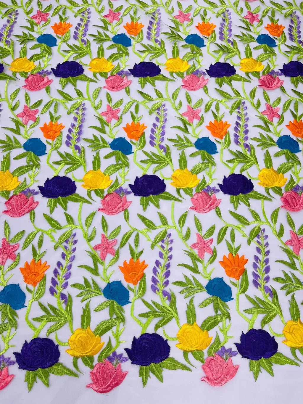 Multi-Color Mexican Sarape Fabric - White Mesh Flower Design Embroidered Lace Fabric By Yard