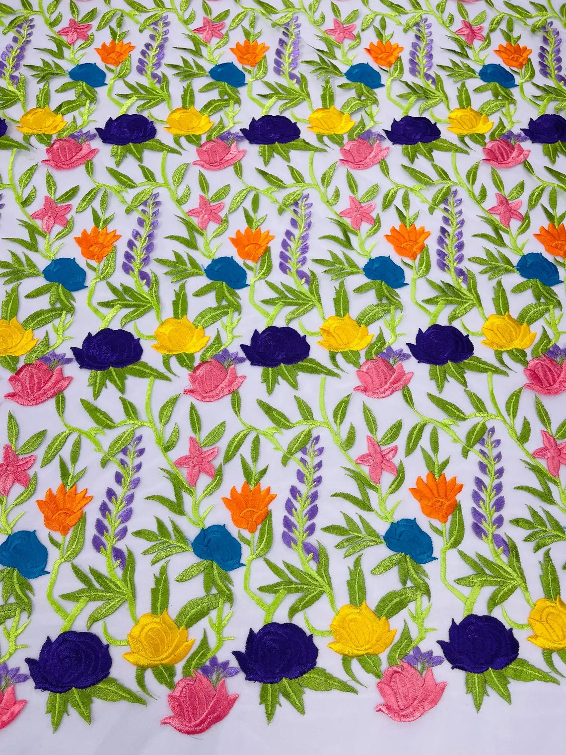 Multi-Color Mexican Sarape Fabric - White Mesh Flower Design Embroidered Lace Fabric By Yard