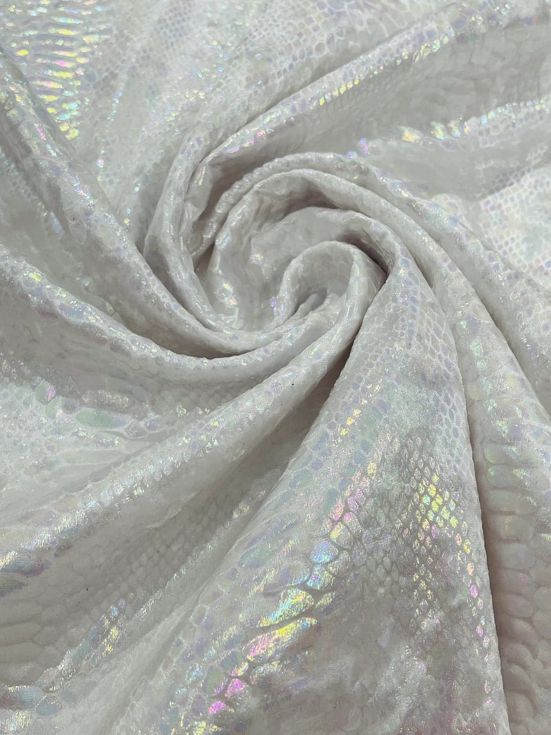 Anaconda Stretch Velvet - White Iridescent - 58/60" Stretch Velvet Fabric with Anaconda Snake Print By Yard