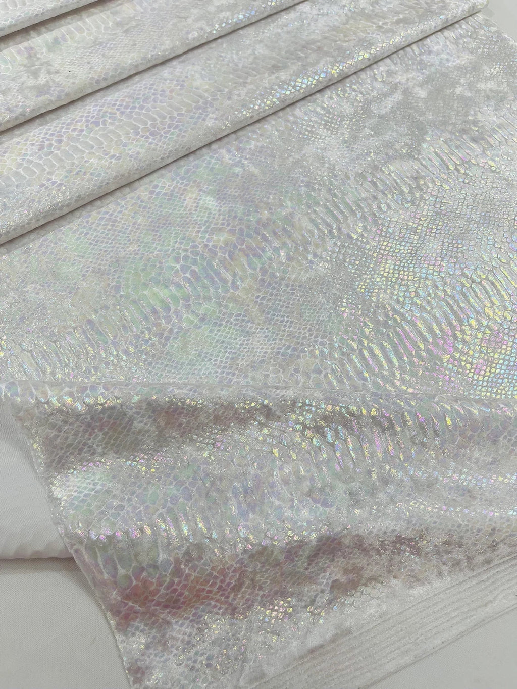 Anaconda Stretch Velvet - White Iridescent - 58/60" Stretch Velvet Fabric with Anaconda Snake Print By Yard