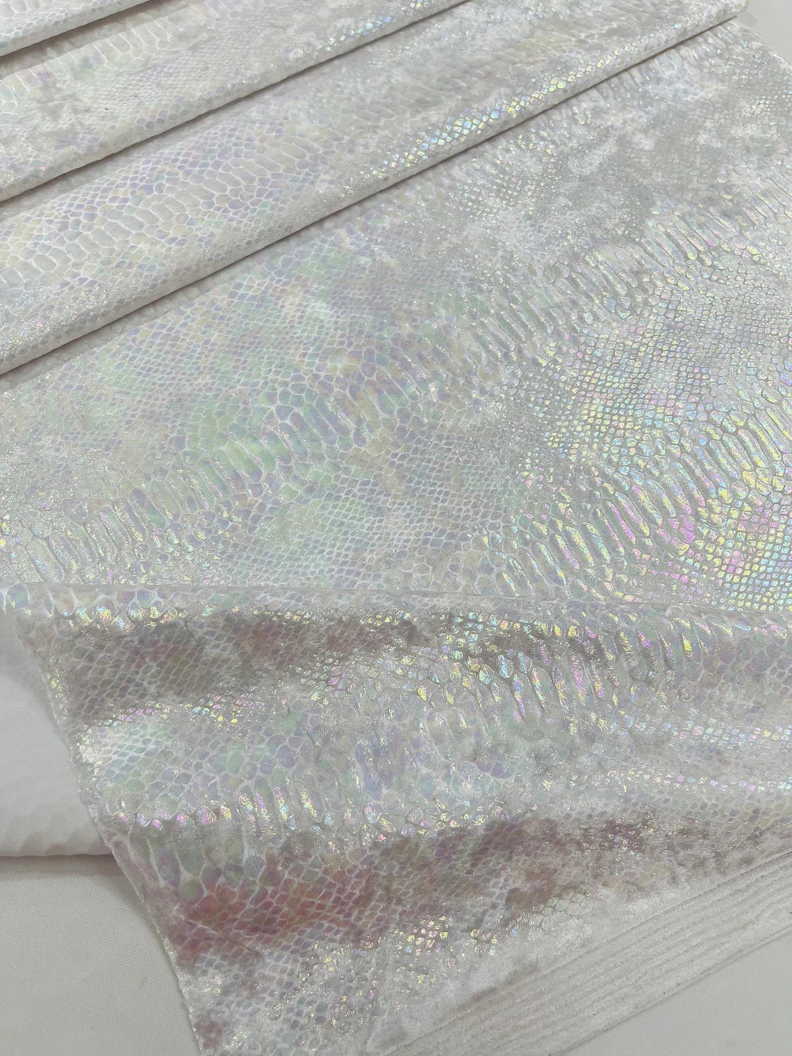 Anaconda Stretch Velvet - White Iridescent - 58/60" Stretch Velvet Fabric with Anaconda Snake Print By Yard