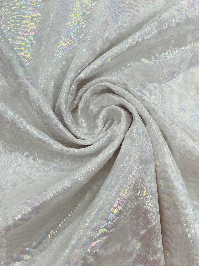 Anaconda Stretch Velvet - White Iridescent - 58/60" Stretch Velvet Fabric with Anaconda Snake Print By Yard