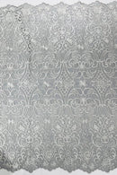 Fancy Damask Lace Fabric - White on Black - Embroidered Damask Design Mesh on Lace Fabric by Yard