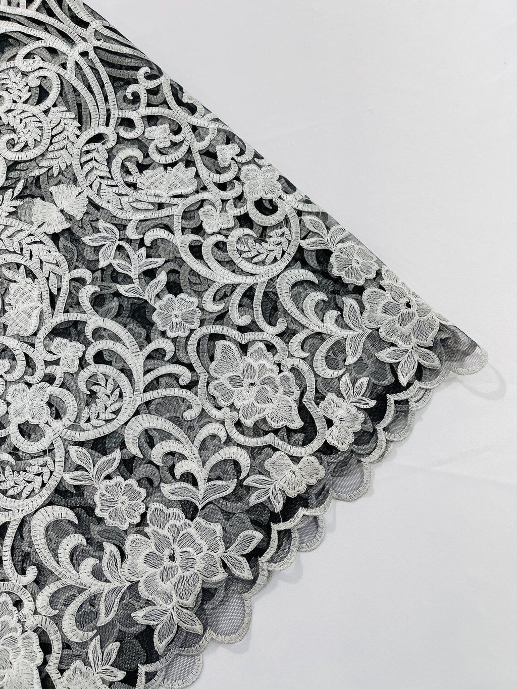 Fancy Damask Lace Fabric - White on Black - Embroidered Damask Design Mesh on Lace Fabric by Yard