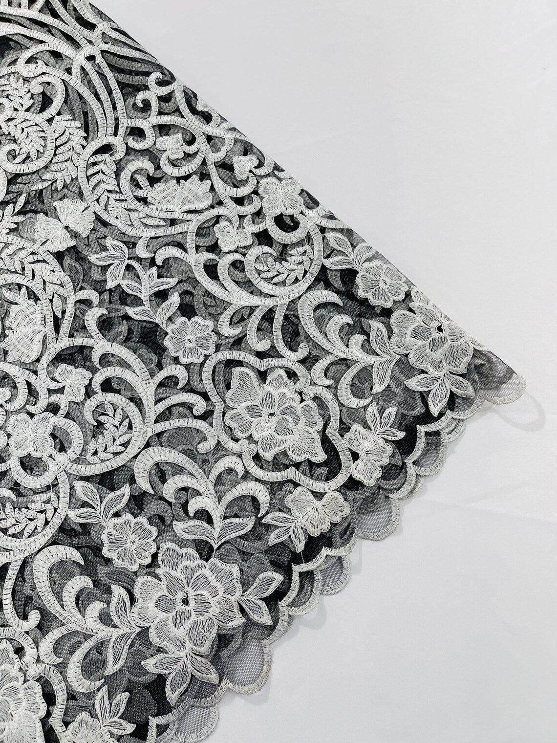 Fancy Damask Lace Fabric - White on Black - Embroidered Damask Design Mesh on Lace Fabric by Yard