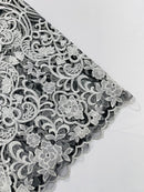 Fancy Damask Lace Fabric - White on Black - Embroidered Damask Design Mesh on Lace Fabric by Yard