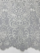 Fancy Damask Lace Fabric - White on Black - Embroidered Damask Design Mesh on Lace Fabric by Yard