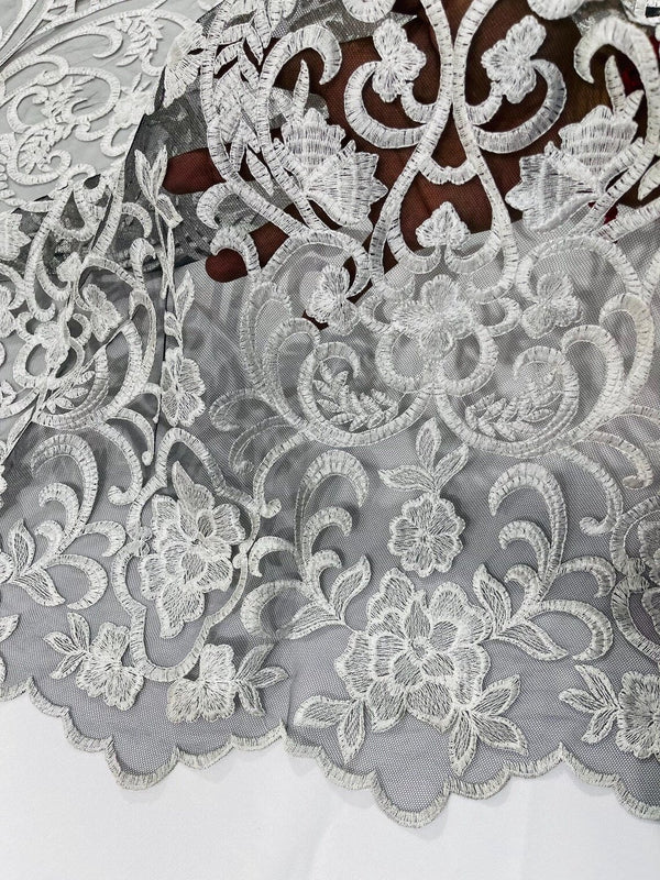 Fancy Damask Lace Fabric - White on Black - Embroidered Damask Design Mesh on Lace Fabric by Yard