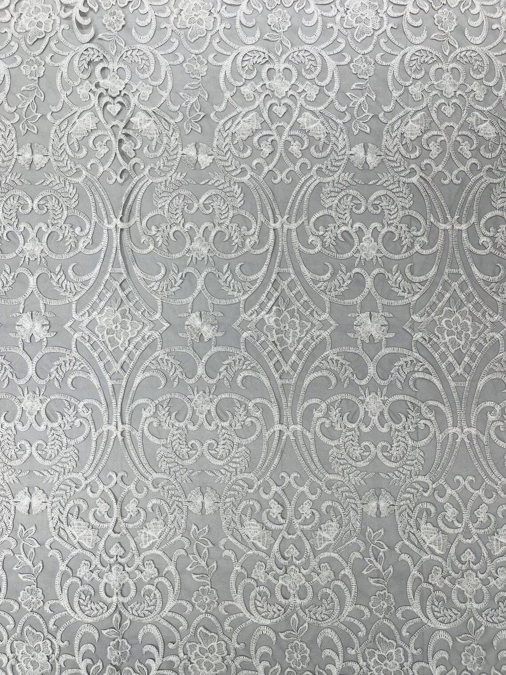 Fancy Damask Lace Fabric - White on Black - Embroidered Damask Design Mesh on Lace Fabric by Yard
