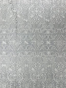 Fancy Damask Lace Fabric - White on Black - Embroidered Damask Design Mesh on Lace Fabric by Yard