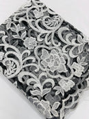 Fancy Damask Lace Fabric - White on Black - Embroidered Damask Design Mesh on Lace Fabric by Yard