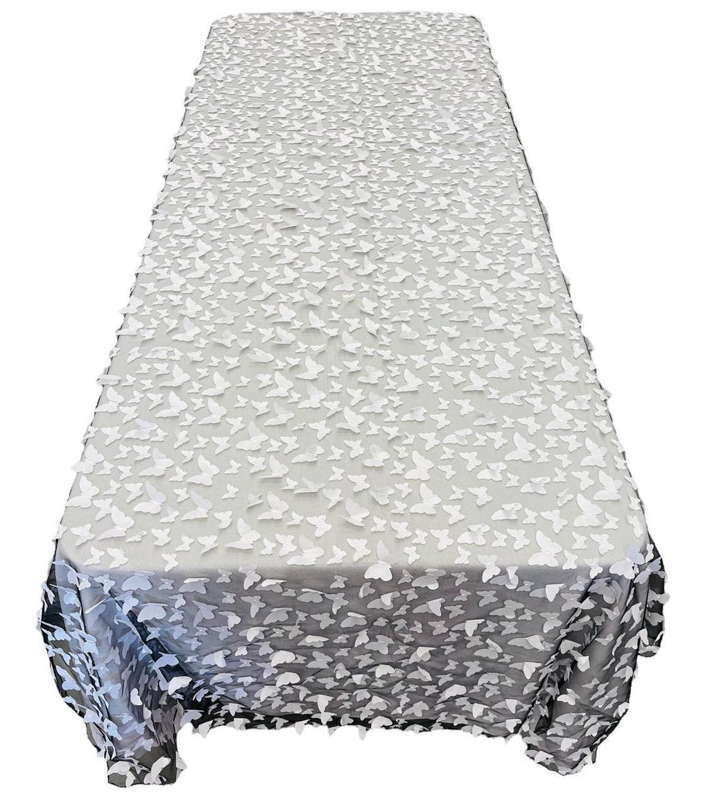 3D Butterfly Tablecloth - White on Black - 52" x 102" Inches 3D Butterfly Sheer Mesh Tablecloth