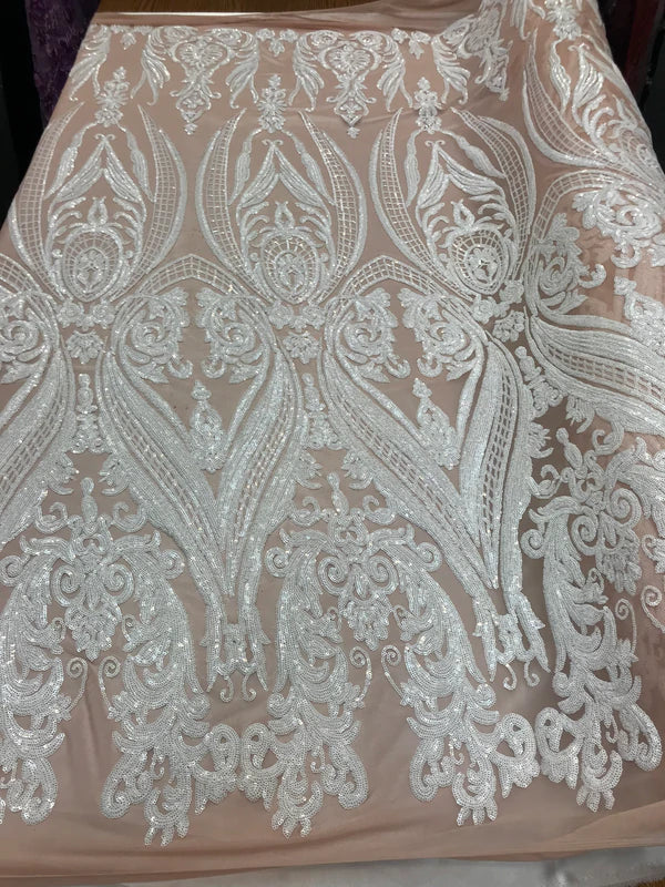 Damask Sequins Fabric - 4 Way Stretch Big Damask Sequins Fabric - Pick Color - 25 Yard Roll