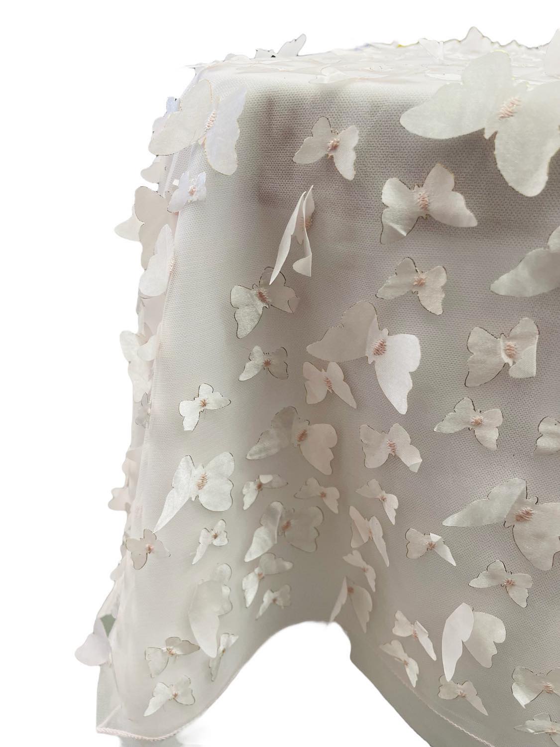 3D Butterfly Tablecloth - White on Light Pink - 52" x 102" Inches 3D Butterfly Sheer Mesh Tablecloth