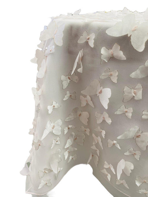 3D Butterfly Tablecloth - White on Light Pink - 52" x 102" Inches 3D Butterfly Sheer Mesh Tablecloth