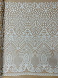 Geometric Pattern Sequins - White on Nude - 4 Way Stretch Colorful Shine Designer Sequins By Yard