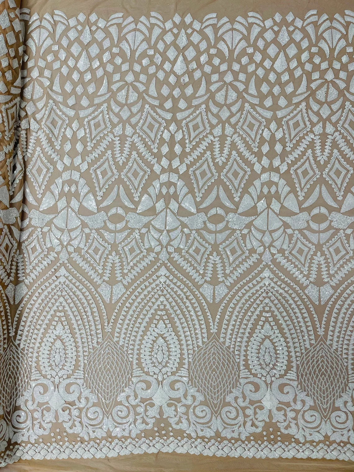 Geometric Pattern Sequins - White on Nude - 4 Way Stretch Colorful Shine Designer Sequins By Yard