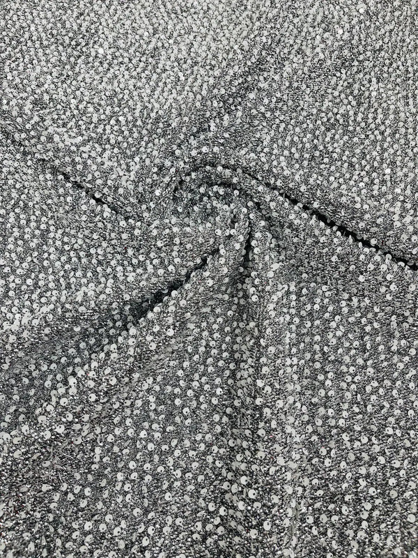 Sequins on Metallic Foil - White on Silver - 5mm Sequins Confetti 2Way Stretch Spandex Fabric by yard