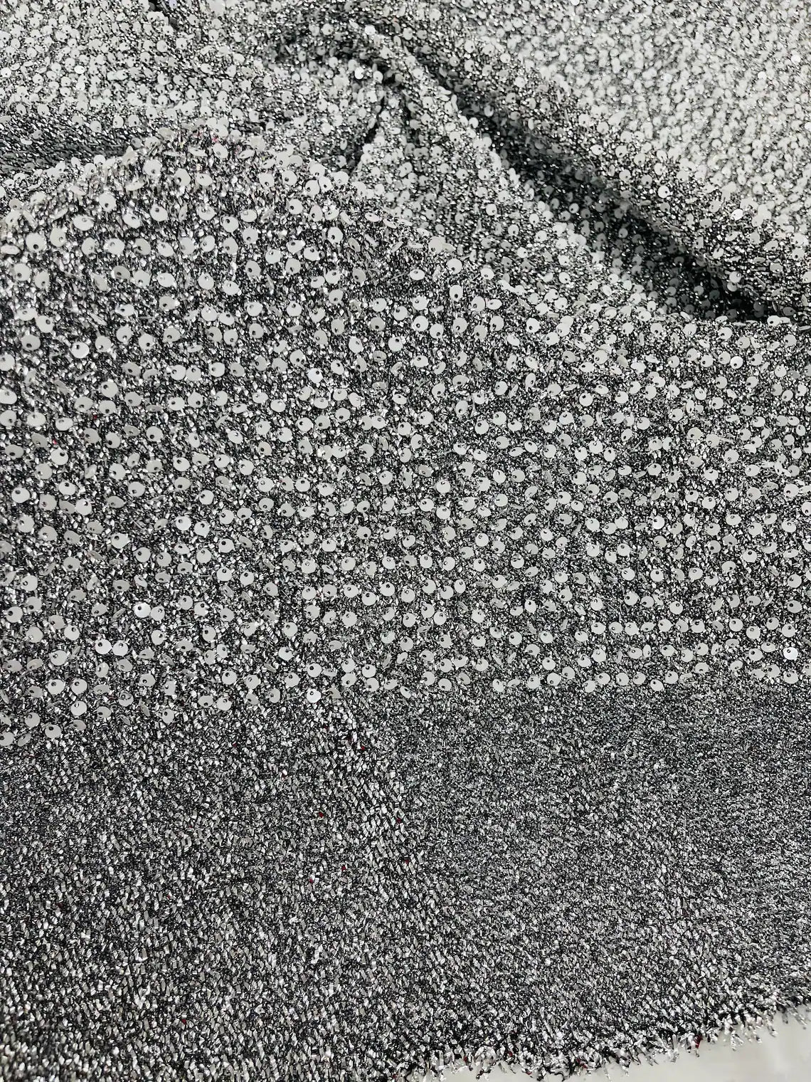 Sequins on Metallic Foil - White on Silver - 5mm Sequins Confetti 2Way Stretch Spandex Fabric by yard