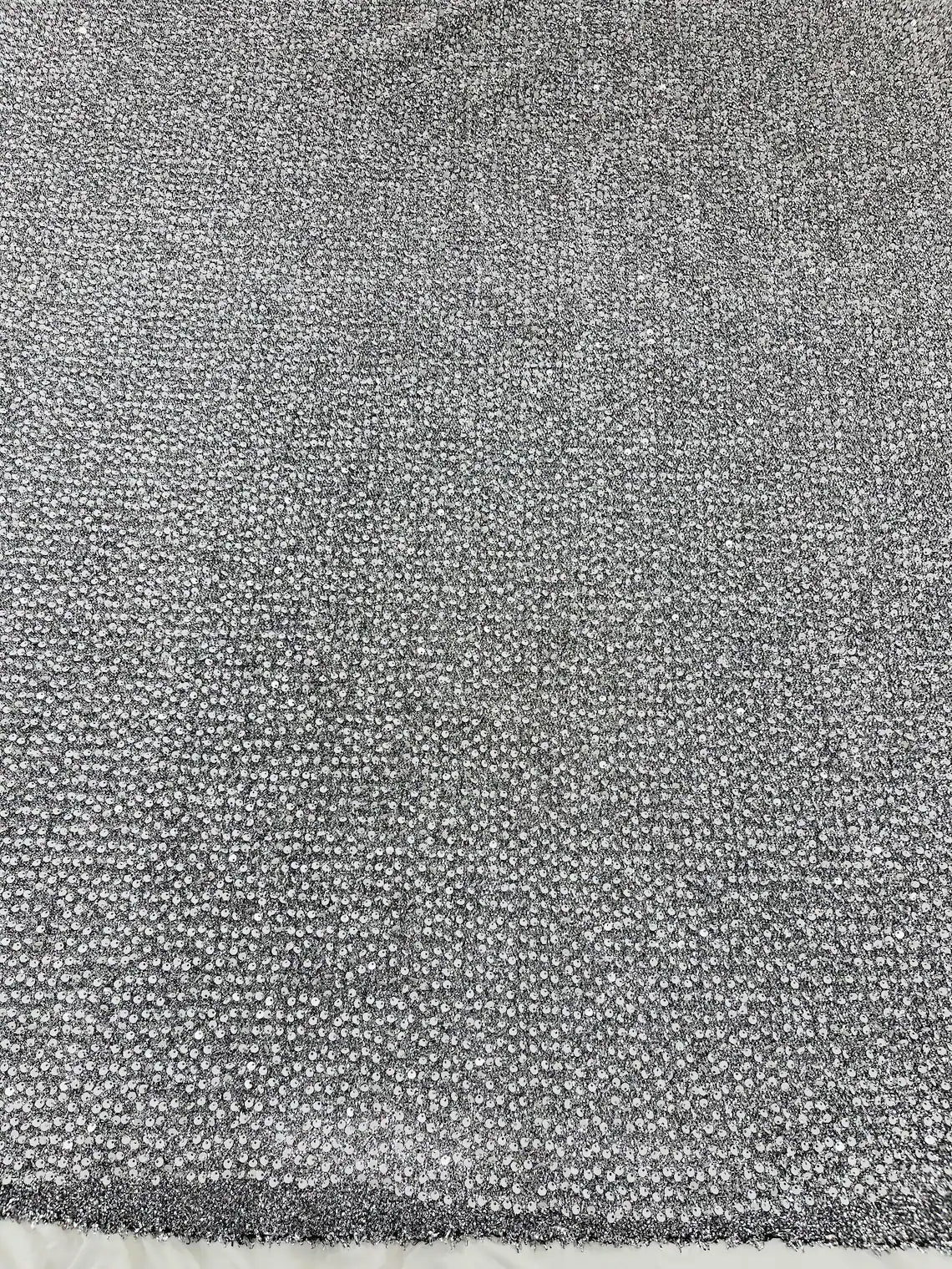 Sequins on Metallic Foil - White on Silver - 5mm Sequins Confetti 2Way Stretch Spandex Fabric by yard