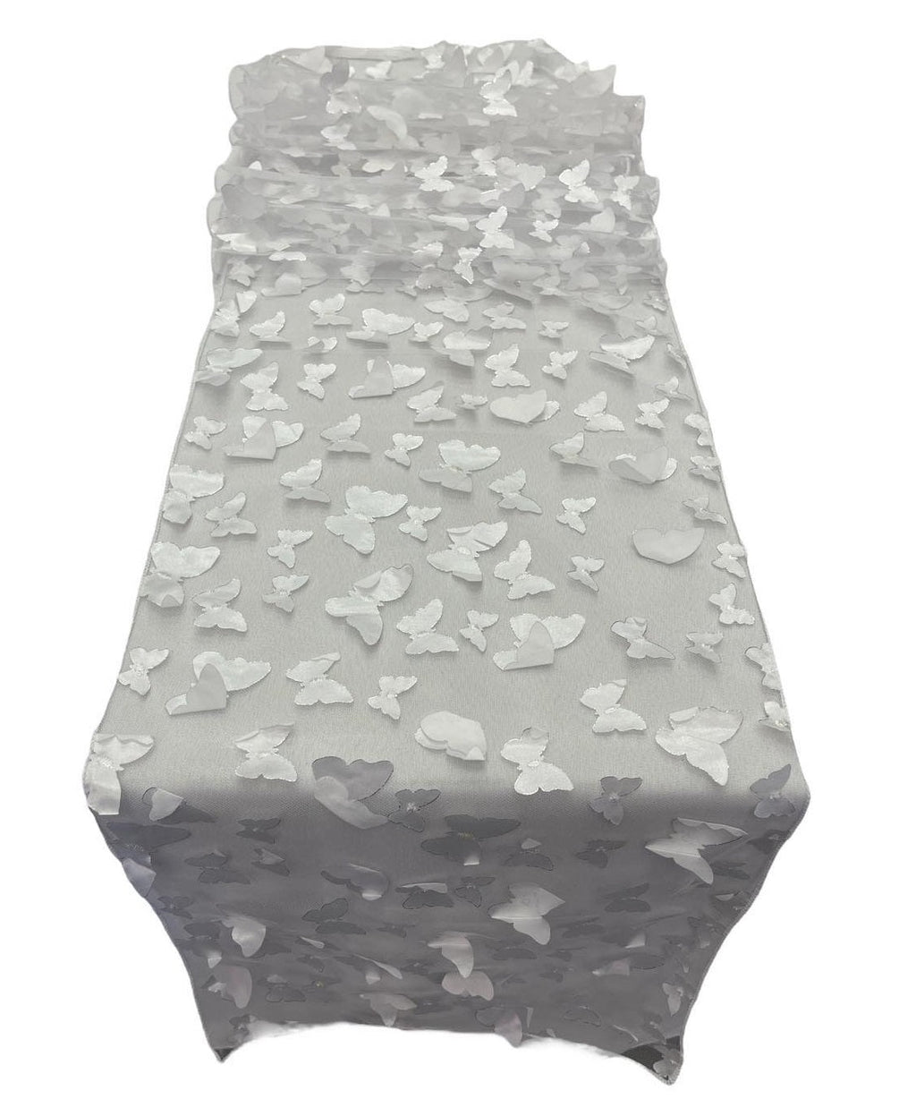 3D Butterfly Table Runner - White on White - 12" x 90" 3D Butterfly Sheer Mesh Table Runner