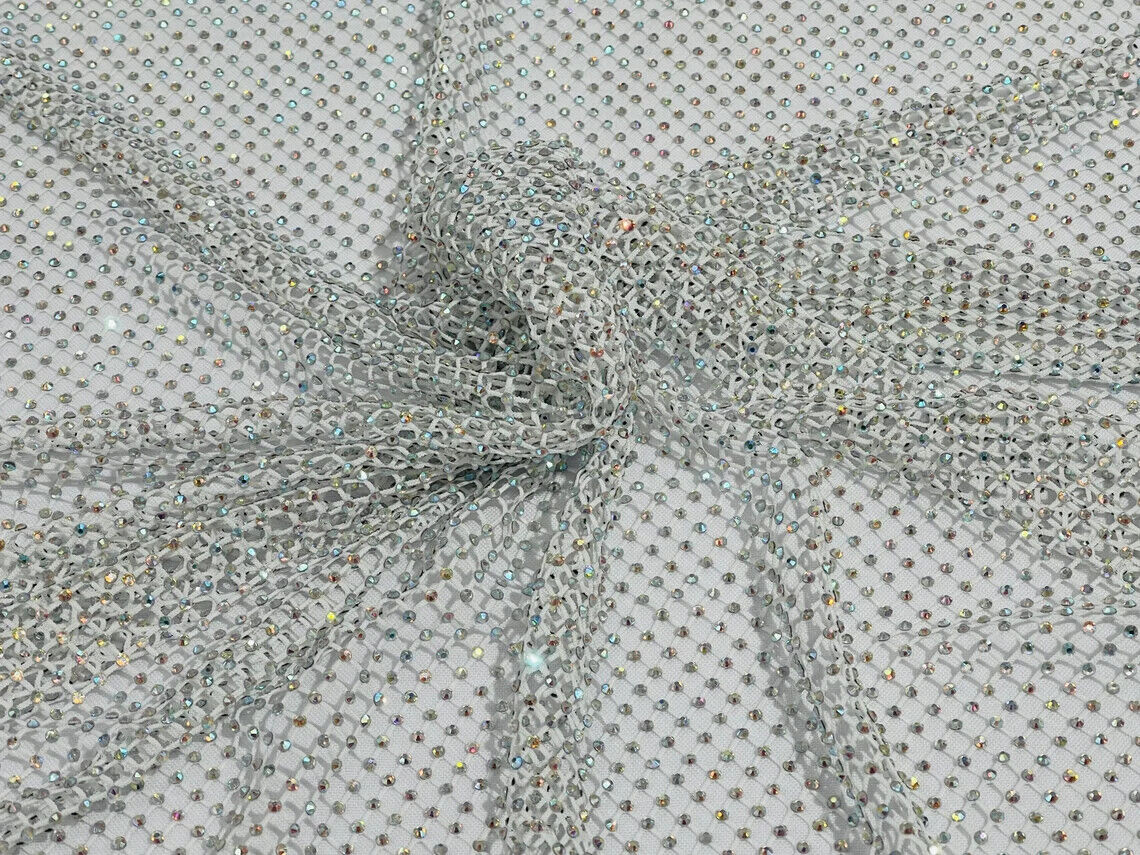 Fish Net Spandex Rhinestone Fabric - Solid Spandex Fish Net Rhinestones Fabric Sold by Yard