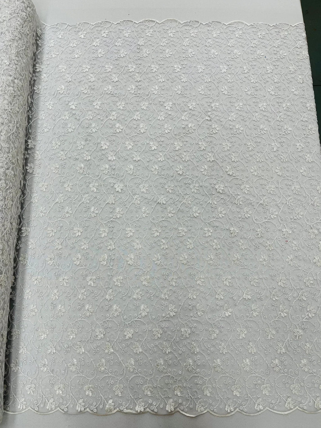 Metallic Floral Lace Fabric - White - Embroidered  Flower Design on Lace Mesh Fabric By Yard