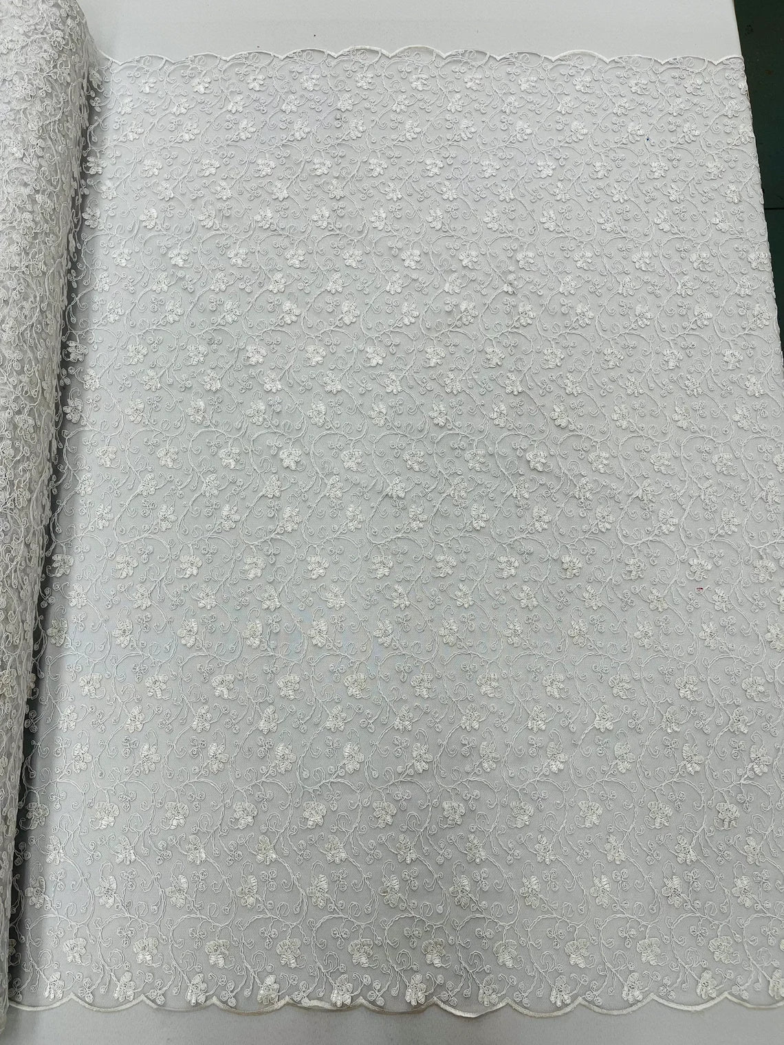 Metallic Floral Lace Fabric - White - Embroidered  Flower Design on Lace Mesh Fabric By Yard