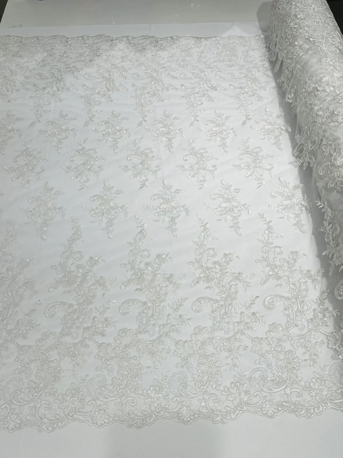 Lace Flower Cluster Fabric - Embroidered Flower With Sequins on a Mesh Lace Fabric - 25 Yard Roll