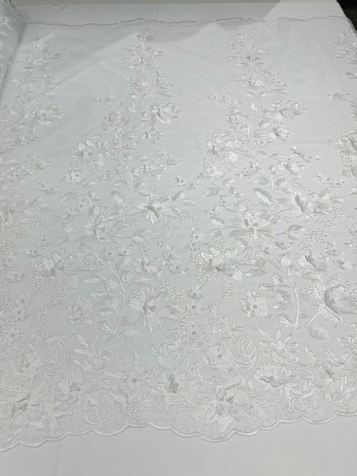 3D Pearl Floral Fabric - Floral Design Embroidered on Mesh Lace Fabric - 25 Yard Roll