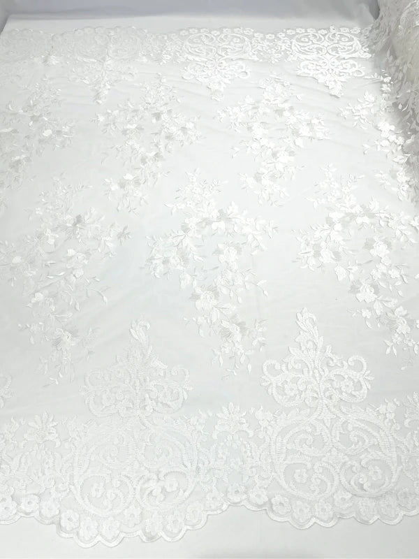 Damask Lace - Floral Damask Design Embroidered on Mesh Lace Fabric - 25 Yard Roll