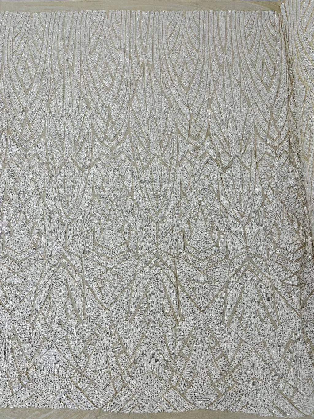 Geometric Fabric - White - Geometric Sequins Pattern Design 4 Way Stretch Sold By Yard