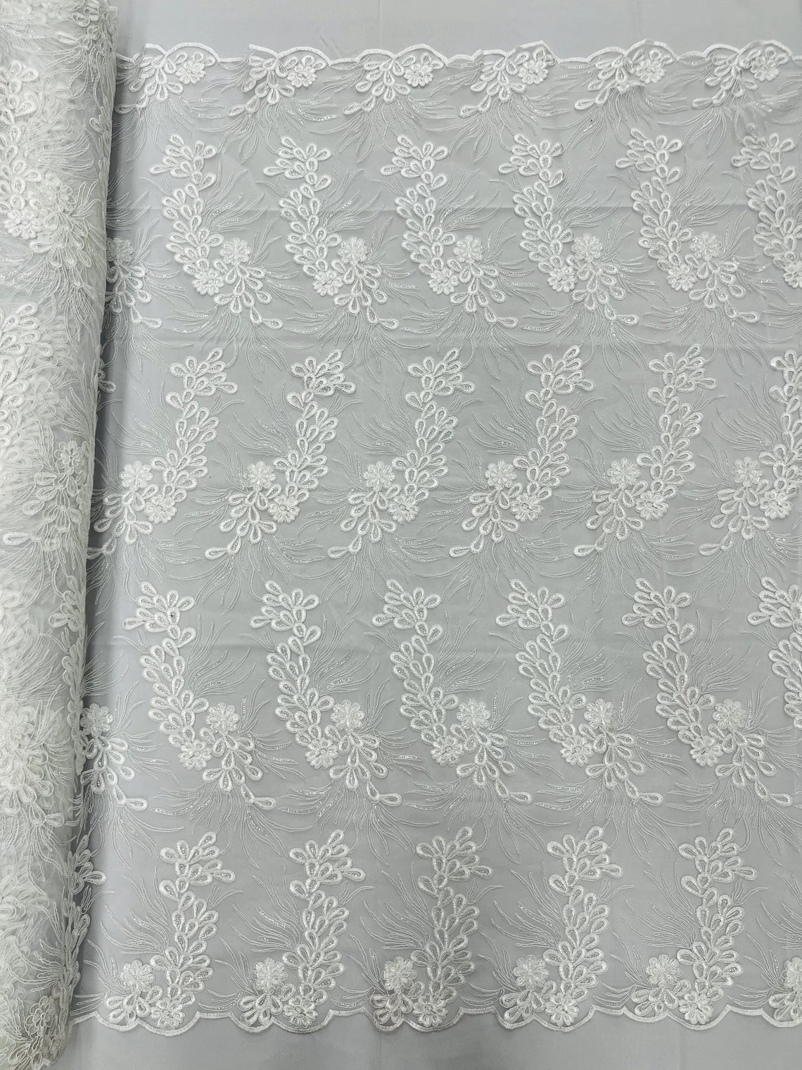 Floral Plant Cluster Fabric - White - Embroidered High Quality Lace Fabric Sold by Yard