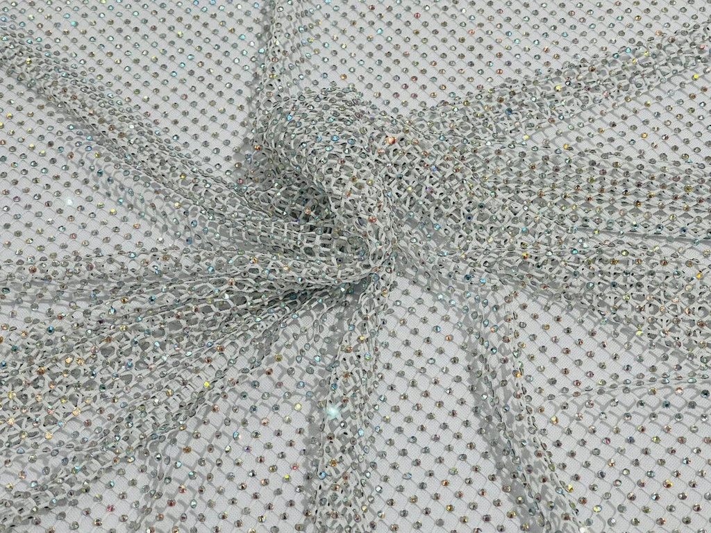 Fish Net Spandex Rhinestone Fabric - Solid Spandex Fish Net Rhinestones Fabric Sold by Yard