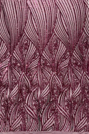 Curvy Line Design Fabric - Wine - 4 Way Stretch Sequins Design Mesh Lace Fabric by Yard