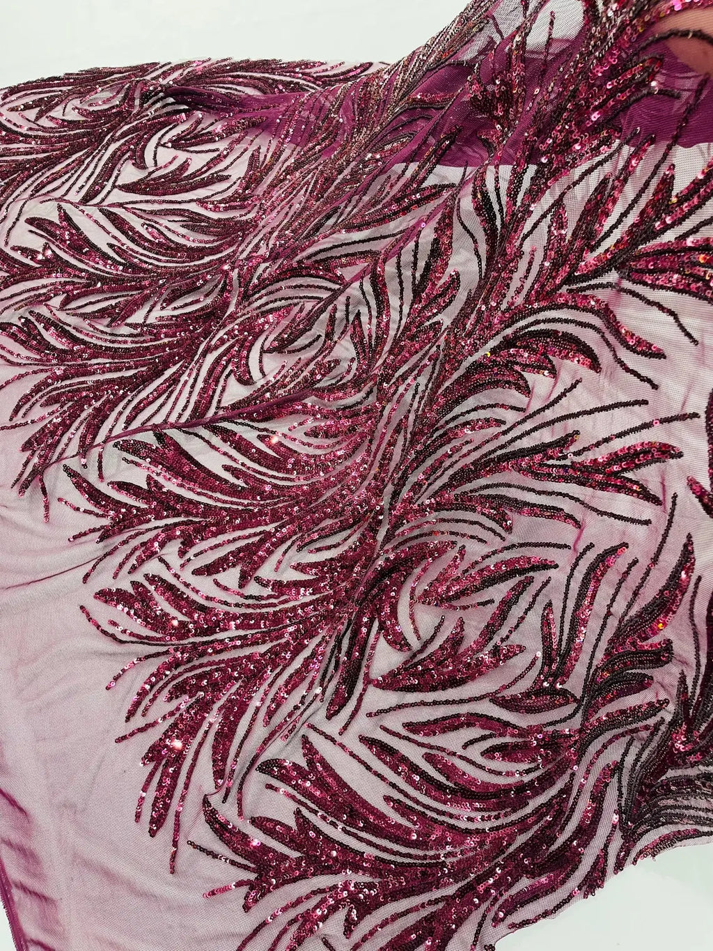 Leaf Design Stretch Sequins - Wine - 4 Way Stretch Lace Mesh Sequins Fabric by Yard