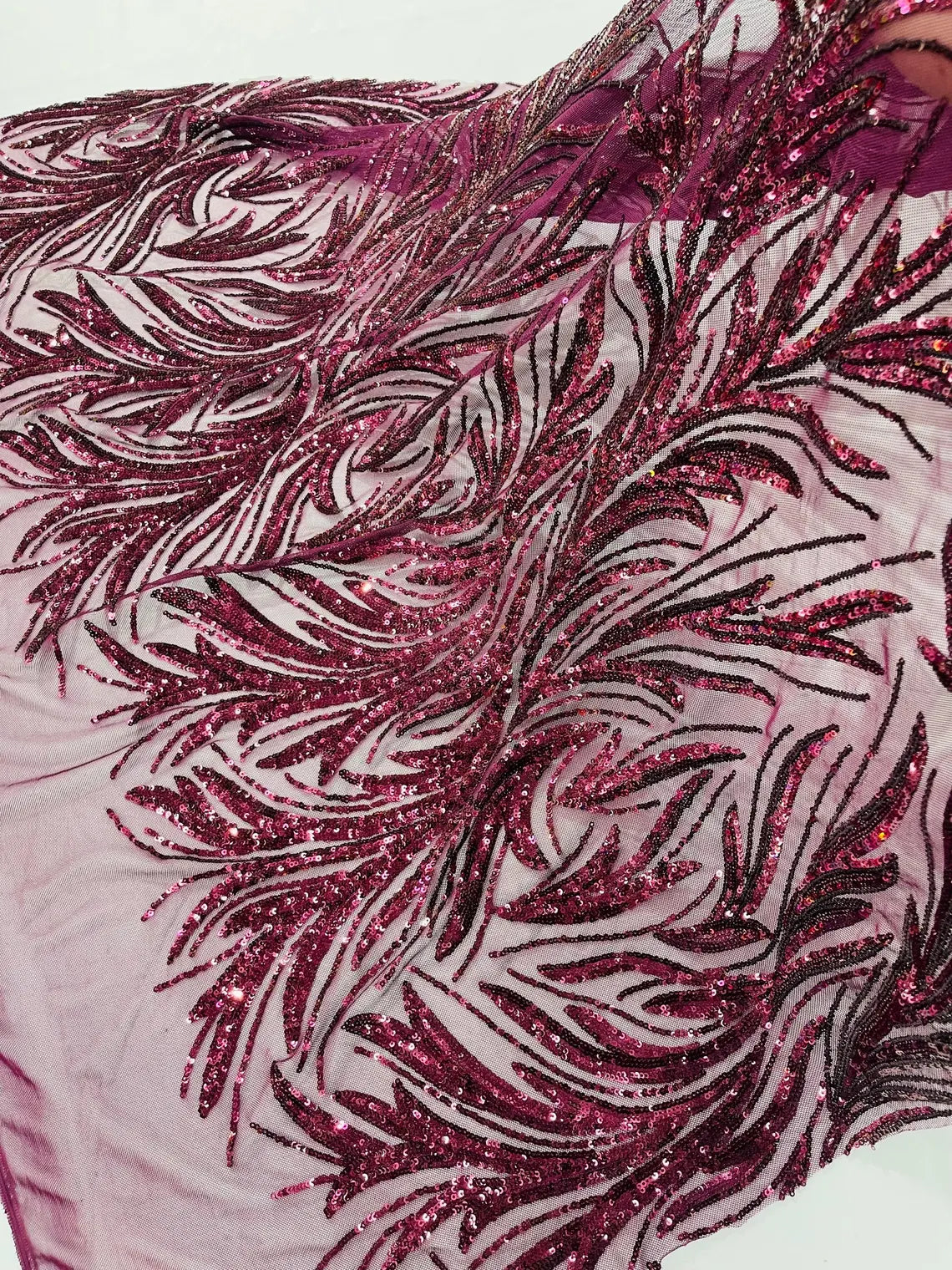 Leaf Design Stretch Sequins - Wine - 4 Way Stretch Lace Mesh Sequins Fabric by Yard