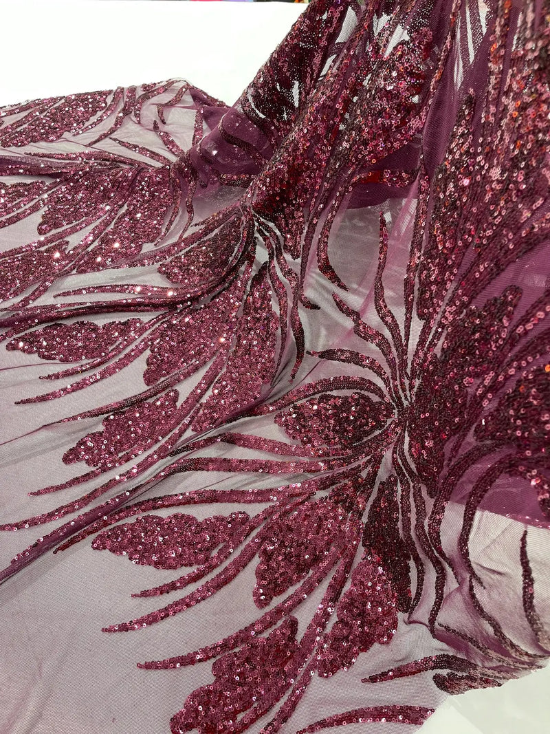 Wavy Leaf Sequins Fabric - Wine - Wavy Lines and Leaves Design on Lace Mesh Fabric by Yard