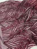 Curvy Line Design Fabric - Wine - 4 Way Stretch Sequins Design Mesh Lace Fabric by Yard