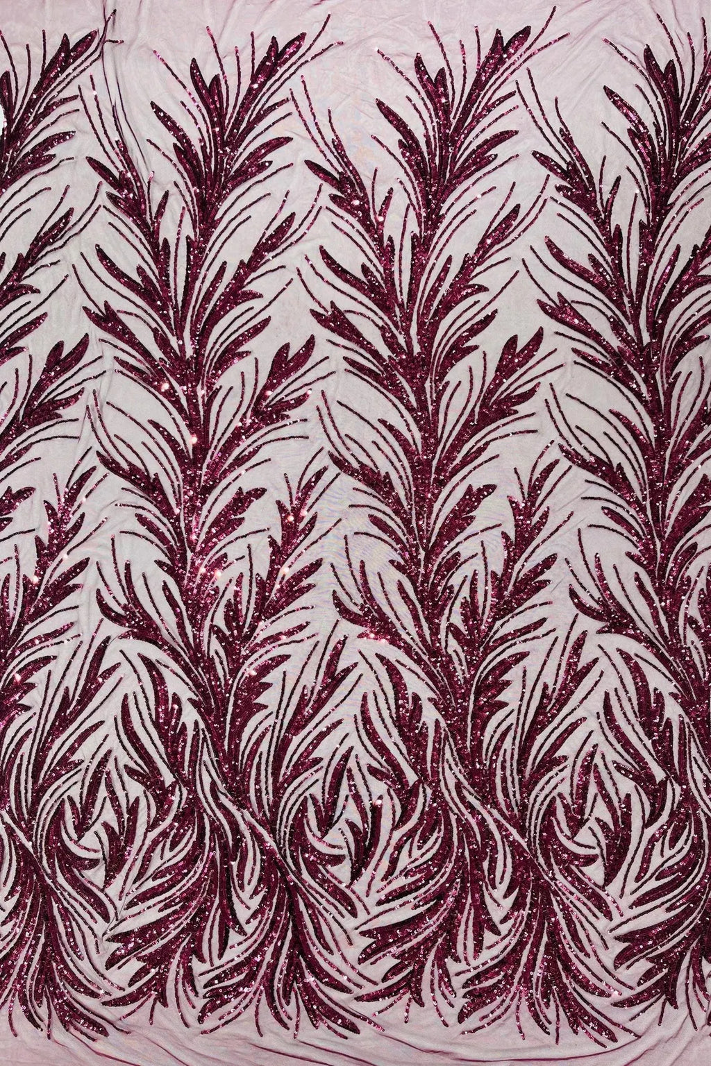 Leaf Design Stretch Sequins - Wine - 4 Way Stretch Lace Mesh Sequins Fabric by Yard