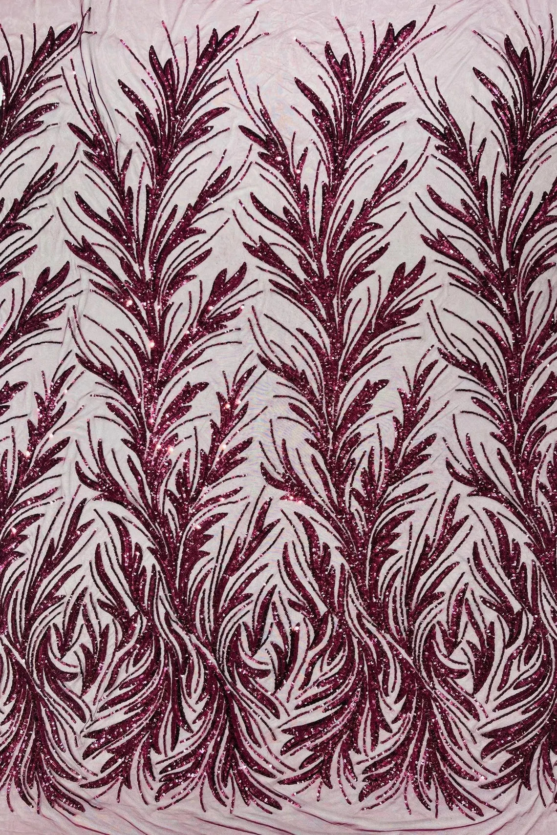 Leaf Design Stretch Sequins - Wine - 4 Way Stretch Lace Mesh Sequins Fabric by Yard
