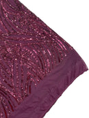 Curvy Line Design Fabric - Wine - 4 Way Stretch Sequins Design Mesh Lace Fabric by Yard