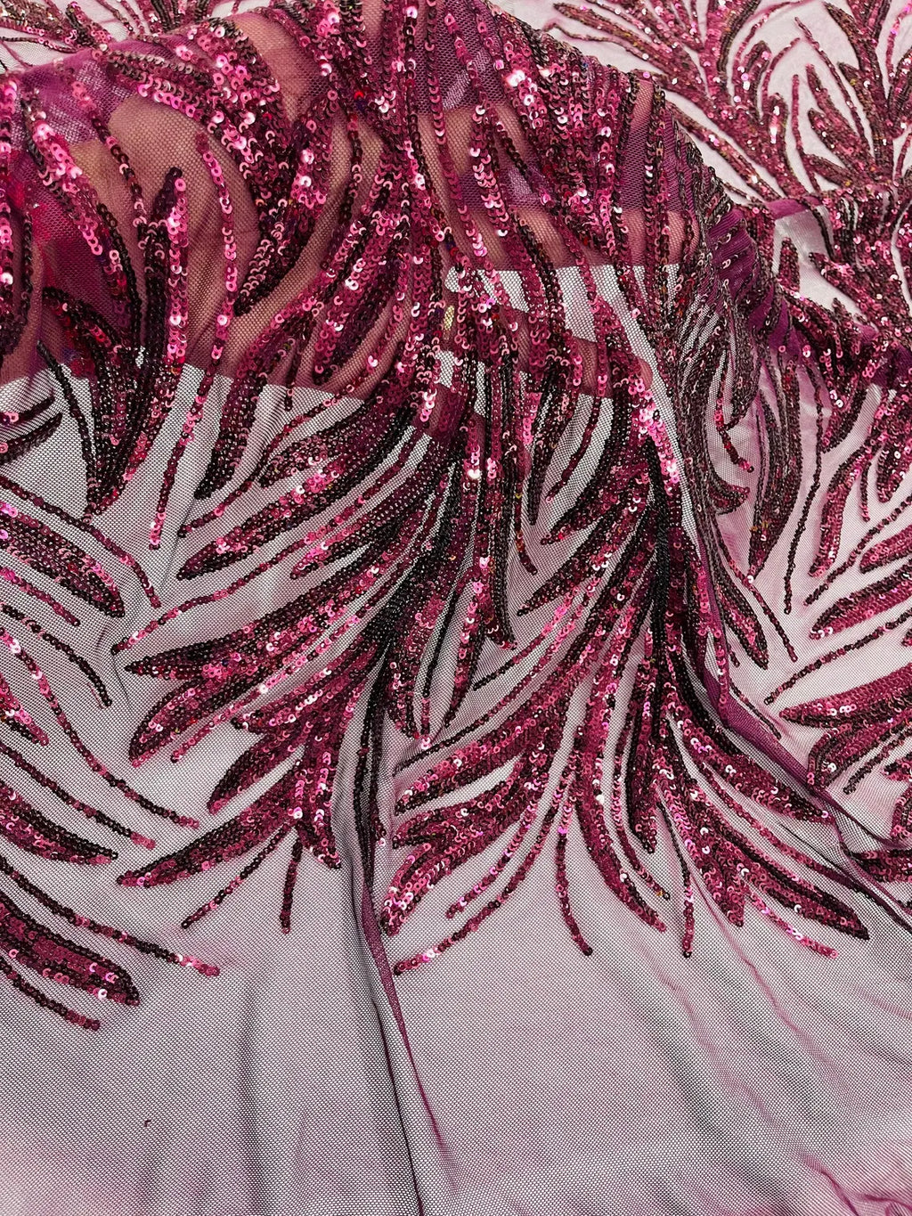 Leaf Design Stretch Sequins - Wine - 4 Way Stretch Lace Mesh Sequins Fabric by Yard
