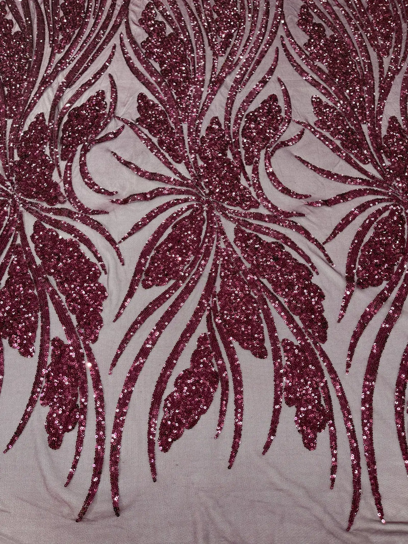 Wavy Leaf Sequins Fabric - Wine - Wavy Lines and Leaves Design on Lace Mesh Fabric by Yard